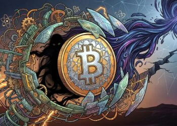 Ilustración conceptual de Bitcoin atrapado entre maquinaria rígida y un vórtice cuántico, representando el debate sobre la osificación del protocolo y la seguridad criptográfica.
