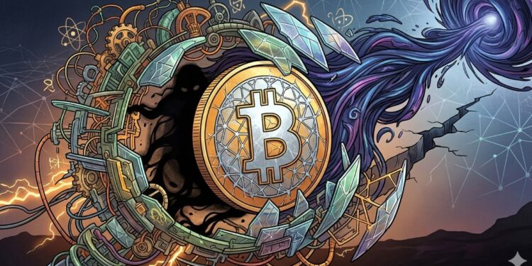 Ilustración conceptual de Bitcoin atrapado entre maquinaria rígida y un vórtice cuántico, representando el debate sobre la osificación del protocolo y la seguridad criptográfica.