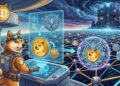 Ilustración futurista de un Shiba astronauta operando seguridad post-cuántica Falcon-512 en la blockchain de Dogecoin, con holograma de DOGE y red de nodos.