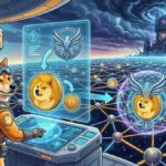 Ilustración futurista de un Shiba astronauta operando seguridad post-cuántica Falcon-512 en la blockchain de Dogecoin, con holograma de DOGE y red de nodos.