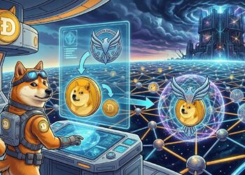 Ilustración futurista de un Shiba astronauta operando seguridad post-cuántica Falcon-512 en la blockchain de Dogecoin, con holograma de DOGE y red de nodos.
