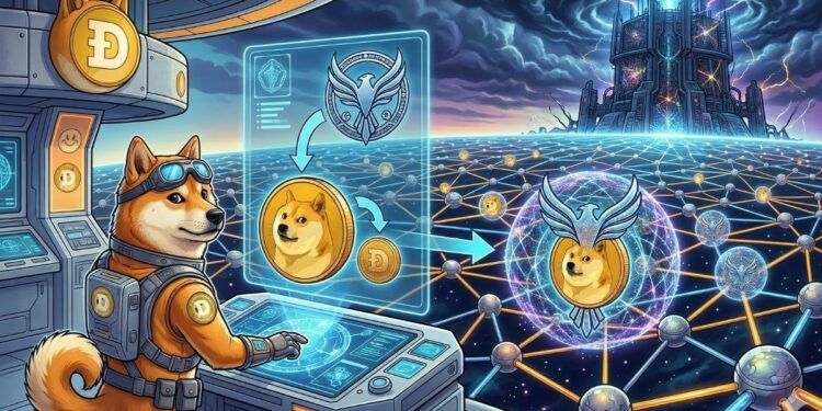 Ilustración futurista de un Shiba astronauta operando seguridad post-cuántica Falcon-512 en la blockchain de Dogecoin, con holograma de DOGE y red de nodos.