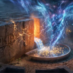 Una impactante imagen surrealista en 16:9 que evoca un sentimiento de resiliencia frente a una crisis tecnológica masiva. Un monolito de piedra gigantesco y desgastado por la edad, con la forma del símbolo de Bitcoin y un texto abstracto tallado en su superficie, emerge de un suelo agrietado y árido. La estructura está siendo atacada por un vórtice eléctrico de energía cuántica de tonos azules y morados intensos que descienden de un cielo borrascoso. El monolito se mantiene firme e inquebrantable, pero la fuerza del impacto genera grietas y descargas eléctricas de color ámbar en su superficie, mientras fragmentos de piedra se desprenden de la base. Esta escena transmite una sensación de solidez, superviviencia y resistencia de un sistema frente a un desafío complejo y hostil.