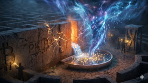 Una impactante imagen surrealista en 16:9 que evoca un sentimiento de resiliencia frente a una crisis tecnológica masiva. Un monolito de piedra gigantesco y desgastado por la edad, con la forma del símbolo de Bitcoin y un texto abstracto tallado en su superficie, emerge de un suelo agrietado y árido. La estructura está siendo atacada por un vórtice eléctrico de energía cuántica de tonos azules y morados intensos que descienden de un cielo borrascoso. El monolito se mantiene firme e inquebrantable, pero la fuerza del impacto genera grietas y descargas eléctricas de color ámbar en su superficie, mientras fragmentos de piedra se desprenden de la base. Esta escena transmite una sensación de solidez, superviviencia y resistencia de un sistema frente a un desafío complejo y hostil.