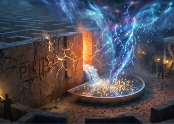 Una impactante imagen surrealista en 16:9 que evoca un sentimiento de resiliencia frente a una crisis tecnológica masiva. Un monolito de piedra gigantesco y desgastado por la edad, con la forma del símbolo de Bitcoin y un texto abstracto tallado en su superficie, emerge de un suelo agrietado y árido. La estructura está siendo atacada por un vórtice eléctrico de energía cuántica de tonos azules y morados intensos que descienden de un cielo borrascoso. El monolito se mantiene firme e inquebrantable, pero la fuerza del impacto genera grietas y descargas eléctricas de color ámbar en su superficie, mientras fragmentos de piedra se desprenden de la base. Esta escena transmite una sensación de solidez, superviviencia y resistencia de un sistema frente a un desafío complejo y hostil.