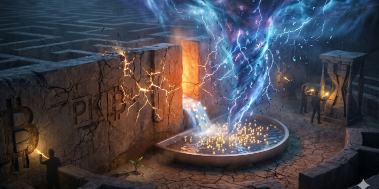 Una impactante imagen surrealista en 16:9 que evoca un sentimiento de resiliencia frente a una crisis tecnológica masiva. Un monolito de piedra gigantesco y desgastado por la edad, con la forma del símbolo de Bitcoin y un texto abstracto tallado en su superficie, emerge de un suelo agrietado y árido. La estructura está siendo atacada por un vórtice eléctrico de energía cuántica de tonos azules y morados intensos que descienden de un cielo borrascoso. El monolito se mantiene firme e inquebrantable, pero la fuerza del impacto genera grietas y descargas eléctricas de color ámbar en su superficie, mientras fragmentos de piedra se desprenden de la base. Esta escena transmite una sensación de solidez, superviviencia y resistencia de un sistema frente a un desafío complejo y hostil.