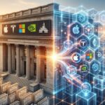 Representación visual de la tokenización de acciones financieras: una transición entre un edificio de bolsa tradicional con certificados de papel y una red digital de blockchain con activos de empresas tecnológicas.