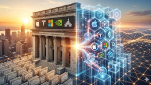 Representación visual de la tokenización de acciones financieras: una transición entre un edificio de bolsa tradicional con certificados de papel y una red digital de blockchain con activos de empresas tecnológicas.