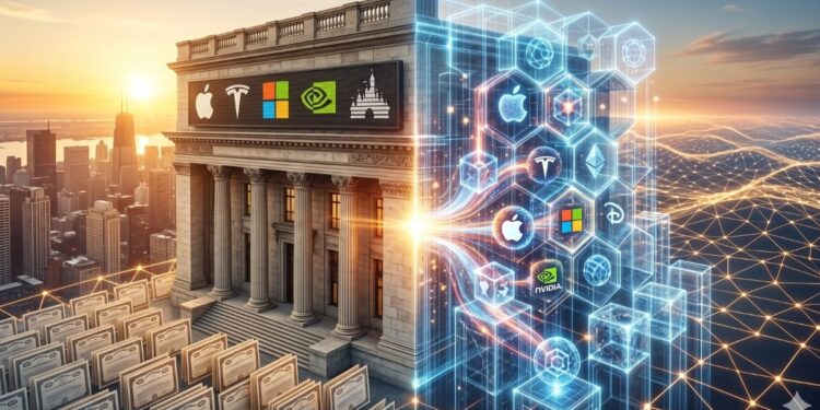 Representación visual de la tokenización de acciones financieras: una transición entre un edificio de bolsa tradicional con certificados de papel y una red digital de blockchain con activos de empresas tecnológicas.