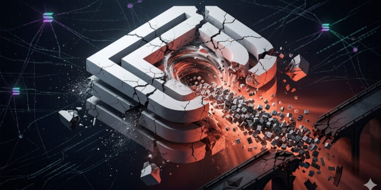 Ilustración conceptual del exploit de Drift Protocol en Solana, mostrando el logo fracturado y la fuga masiva de activos digitales en un entorno DeFi.