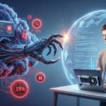 Vitalik Buterin trabajando en una laptop con GPU externa, protegido por un escudo digital azul frente a una garra robótica que emerge de una nube oscura con iconos de advertencia, scripts maliciosos y una burbuja con el dato del 15% de vulnerabilidades.