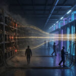 Una toma cinematográfica y de perspectiva amplia de un centro de datos masivo dividido en dos eras tecnológicas. A la izquierda, estanterías oscuras y polvorientas de equipos de minería de criptomonedas antiguos y desorganizados están sumidas en una penumbra naranja tenue, con un trabajador solitario caminando entre ellas. A la derecha, armarios de servidores modernos, limpios y relucientes están iluminados con luces LED de neón azul y morado vibrante, donde varios trabajadores están instalando nuevos cables. Un flujo dramático y radiante de luz dorada fluye desde las máquinas antiguas hacia la infraestructura de vanguardia, conectando los dos lados y simbolizando una migración masiva de energía, datos y tecnología. La atmósfera es de transición y progreso.