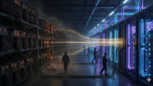 Una toma cinematográfica y de perspectiva amplia de un centro de datos masivo dividido en dos eras tecnológicas. A la izquierda, estanterías oscuras y polvorientas de equipos de minería de criptomonedas antiguos y desorganizados están sumidas en una penumbra naranja tenue, con un trabajador solitario caminando entre ellas. A la derecha, armarios de servidores modernos, limpios y relucientes están iluminados con luces LED de neón azul y morado vibrante, donde varios trabajadores están instalando nuevos cables. Un flujo dramático y radiante de luz dorada fluye desde las máquinas antiguas hacia la infraestructura de vanguardia, conectando los dos lados y simbolizando una migración masiva de energía, datos y tecnología. La atmósfera es de transición y progreso.