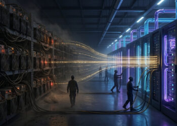 Una toma cinematográfica y de perspectiva amplia de un centro de datos masivo dividido en dos eras tecnológicas. A la izquierda, estanterías oscuras y polvorientas de equipos de minería de criptomonedas antiguos y desorganizados están sumidas en una penumbra naranja tenue, con un trabajador solitario caminando entre ellas. A la derecha, armarios de servidores modernos, limpios y relucientes están iluminados con luces LED de neón azul y morado vibrante, donde varios trabajadores están instalando nuevos cables. Un flujo dramático y radiante de luz dorada fluye desde las máquinas antiguas hacia la infraestructura de vanguardia, conectando los dos lados y simbolizando una migración masiva de energía, datos y tecnología. La atmósfera es de transición y progreso.