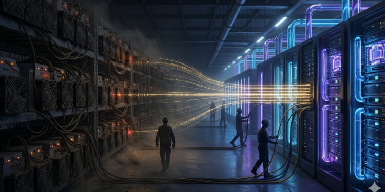 Una toma cinematográfica y de perspectiva amplia de un centro de datos masivo dividido en dos eras tecnológicas. A la izquierda, estanterías oscuras y polvorientas de equipos de minería de criptomonedas antiguos y desorganizados están sumidas en una penumbra naranja tenue, con un trabajador solitario caminando entre ellas. A la derecha, armarios de servidores modernos, limpios y relucientes están iluminados con luces LED de neón azul y morado vibrante, donde varios trabajadores están instalando nuevos cables. Un flujo dramático y radiante de luz dorada fluye desde las máquinas antiguas hacia la infraestructura de vanguardia, conectando los dos lados y simbolizando una migración masiva de energía, datos y tecnología. La atmósfera es de transición y progreso.