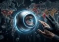 Dispositivo esférico con un ojo humano frente a un mapa mundial digital, rodeado de elementos tecnológicos y legales.