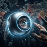 Dispositivo esférico con un ojo humano frente a un mapa mundial digital, rodeado de elementos tecnológicos y legales.