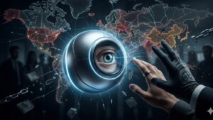 Dispositivo esférico con un ojo humano frente a un mapa mundial digital, rodeado de elementos tecnológicos y legales.