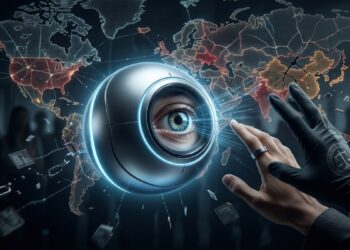 Dispositivo esférico con un ojo humano frente a un mapa mundial digital, rodeado de elementos tecnológicos y legales.