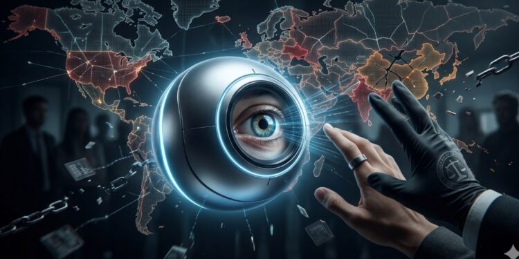 Dispositivo esférico con un ojo humano frente a un mapa mundial digital, rodeado de elementos tecnológicos y legales.