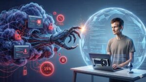 Vitalik Buterin trabajando en una laptop con GPU externa, protegido por un escudo digital azul frente a una garra robótica que emerge de una nube oscura con iconos de advertencia, scripts maliciosos y una burbuja con el dato del 15% de vulnerabilidades.