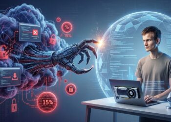 Vitalik Buterin trabajando en una laptop con GPU externa, protegido por un escudo digital azul frente a una garra robótica que emerge de una nube oscura con iconos de advertencia, scripts maliciosos y una burbuja con el dato del 15% de vulnerabilidades.