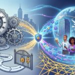 Infografía conceptual sobre la evolución de los mercados financieros: de la liquidación tradicional lenta hacia la tokenización de activos y liquidación atómica 24/7 impulsada por DTCC.