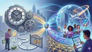 Infografía conceptual sobre la evolución de los mercados financieros: de la liquidación tradicional lenta hacia la tokenización de activos y liquidación atómica 24/7 impulsada por DTCC.