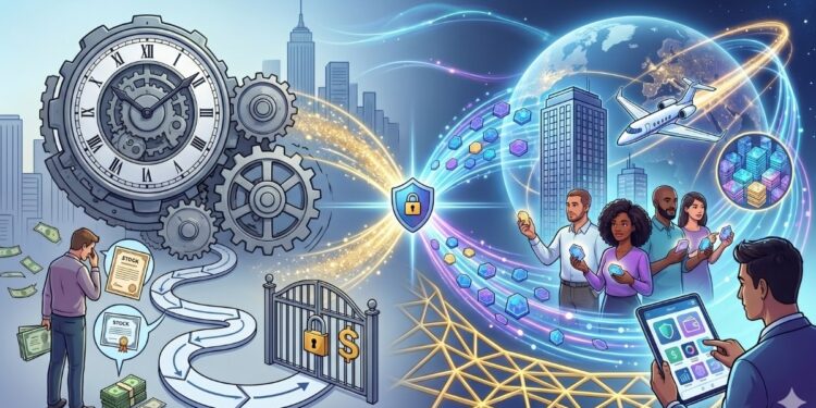 Infografía conceptual sobre la evolución de los mercados financieros: de la liquidación tradicional lenta hacia la tokenización de activos y liquidación atómica 24/7 impulsada por DTCC.