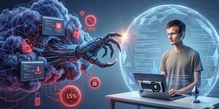 Vitalik Buterin trabajando en una laptop con GPU externa, protegido por un escudo digital azul frente a una garra robótica que emerge de una nube oscura con iconos de advertencia, scripts maliciosos y una burbuja con el dato del 15% de vulnerabilidades.