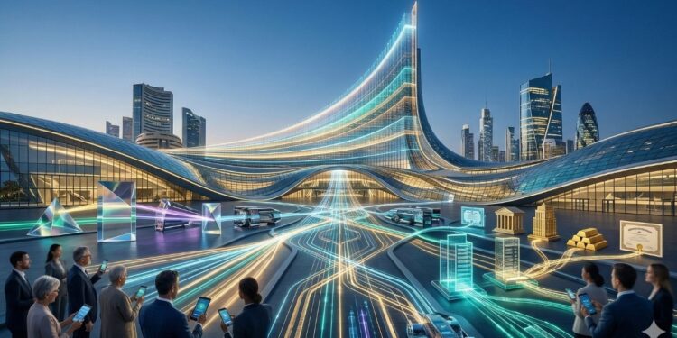 Futuro de las finanzas digitales y tokenización de activos reales (RWA) en una ciudad moderna. Profesionales gestionando inversiones digitales y tradicionales conectadas por tecnología en tablets.