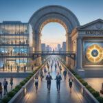 Ilustraciรณn conceptual de un sistema financiero hรญbrido que muestra un edificio moderno de cristal representando la innovaciรณn tecnolรณgica privada conectado por un puente a un banco central clรกsico de piedra con una gran bรณveda dorada, simbolizando la colaboraciรณn entre sectores bajo el modelo sCBDC.