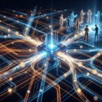 Representación digital de una red tecnológica descentralizada con nodos brillantes, flujos de energía que conectan puntos y siluetas humanas interactuando en un entorno futurista.