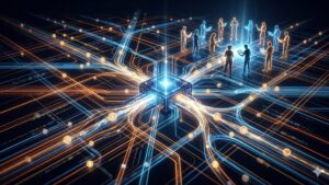 Representación digital de una red tecnológica descentralizada con nodos brillantes, flujos de energía que conectan puntos y siluetas humanas interactuando en un entorno futurista.