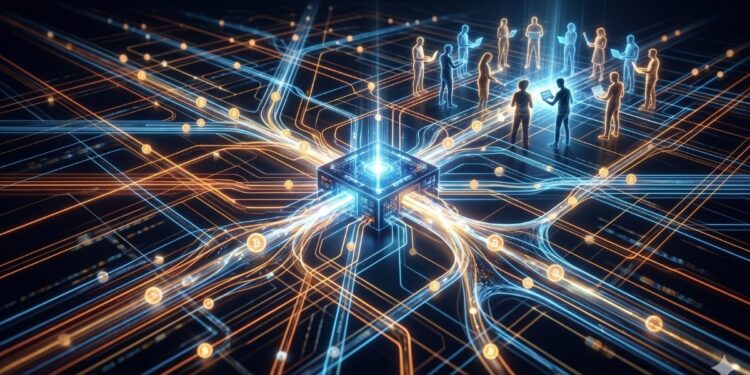 Representación digital de una red tecnológica descentralizada con nodos brillantes, flujos de energía que conectan puntos y siluetas humanas interactuando en un entorno futurista.