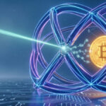 Representación conceptual de un ataque de computación cuántica quebrando la seguridad de la criptografía de curva elíptica (ECC) que protege a Bitcoin y redes blockchain.