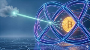 Representación conceptual de un ataque de computación cuántica quebrando la seguridad de la criptografía de curva elíptica (ECC) que protege a Bitcoin y redes blockchain.