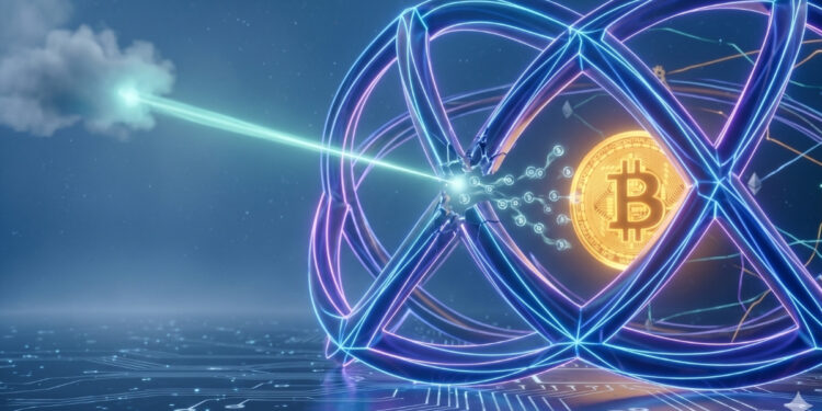 Representación conceptual de un ataque de computación cuántica quebrando la seguridad de la criptografía de curva elíptica (ECC) que protege a Bitcoin y redes blockchain.