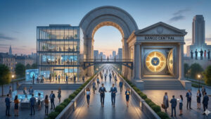 Ilustración conceptual de un sistema financiero híbrido que muestra un edificio moderno de cristal representando la innovación tecnológica privada conectado por un puente a un banco central clásico de piedra con una gran bóveda dorada, simbolizando la colaboración entre sectores bajo el modelo sCBDC.