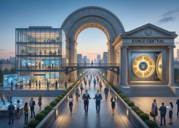 Ilustración conceptual de un sistema financiero híbrido que muestra un edificio moderno de cristal representando la innovación tecnológica privada conectado por un puente a un banco central clásico de piedra con una gran bóveda dorada, simbolizando la colaboración entre sectores bajo el modelo sCBDC.