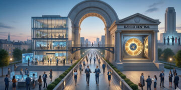 Ilustración conceptual de un sistema financiero híbrido que muestra un edificio moderno de cristal representando la innovación tecnológica privada conectado por un puente a un banco central clásico de piedra con una gran bóveda dorada, simbolizando la colaboración entre sectores bajo el modelo sCBDC.