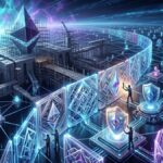 Ilustración conceptual de seguridad post-cuántica en Ethereum: desarrolladores instalando escudos digitales traslúcidos y redes de protección sobre una infraestructura de nodos interconectados, bajo un cielo de energía cuántica.