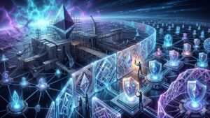 Ilustración conceptual de seguridad post-cuántica en Ethereum: desarrolladores instalando escudos digitales traslúcidos y redes de protección sobre una infraestructura de nodos interconectados, bajo un cielo de energía cuántica.