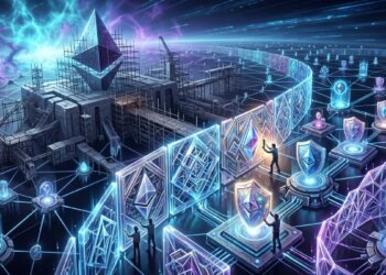 Ilustración conceptual de seguridad post-cuántica en Ethereum: desarrolladores instalando escudos digitales traslúcidos y redes de protección sobre una infraestructura de nodos interconectados, bajo un cielo de energía cuántica.