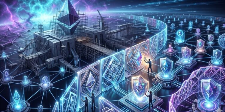 Ilustración conceptual de seguridad post-cuántica en Ethereum: desarrolladores instalando escudos digitales traslúcidos y redes de protección sobre una infraestructura de nodos interconectados, bajo un cielo de energía cuántica.