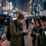 Jóvenes en una calle de China usando smartphones que muestran gráficos de redes mesh y una notificación de error en la App Store, representando la censura de la aplicación Bitchat en un entorno urbano nocturno.