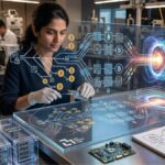 Una investigadora de sistemas, con rasgos similares a Neha Narula, trabaja en un laboratorio tecnológico avanzado del MIT. Está concentrada frente a una mesa de trabajo metálica, manipulando circuitos electrónicos y componentes de red. Sobre la mesa se proyecta un diagrama holográfico complejo que muestra el flujo de transacciones de Bitcoin (representado por su símbolo icónico) transformándose a través de una red de seguridad hacia un núcleo de energía cuántica vibrante y multicolor. A un costado, se observan racks de servidores compactos y esquemas técnicos en papel. La escena transmite una atmósfera de innovación, urgencia técnica y transición hacia la criptografía post-cuántica, sin utilizar palabras ni texto legible.