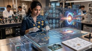 Una investigadora de sistemas, con rasgos similares a Neha Narula, trabaja en un laboratorio tecnológico avanzado del MIT. Está concentrada frente a una mesa de trabajo metálica, manipulando circuitos electrónicos y componentes de red. Sobre la mesa se proyecta un diagrama holográfico complejo que muestra el flujo de transacciones de Bitcoin (representado por su símbolo icónico) transformándose a través de una red de seguridad hacia un núcleo de energía cuántica vibrante y multicolor. A un costado, se observan racks de servidores compactos y esquemas técnicos en papel. La escena transmite una atmósfera de innovación, urgencia técnica y transición hacia la criptografía post-cuántica, sin utilizar palabras ni texto legible.