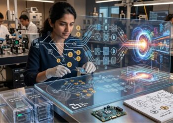 Una investigadora de sistemas, con rasgos similares a Neha Narula, trabaja en un laboratorio tecnológico avanzado del MIT. Está concentrada frente a una mesa de trabajo metálica, manipulando circuitos electrónicos y componentes de red. Sobre la mesa se proyecta un diagrama holográfico complejo que muestra el flujo de transacciones de Bitcoin (representado por su símbolo icónico) transformándose a través de una red de seguridad hacia un núcleo de energía cuántica vibrante y multicolor. A un costado, se observan racks de servidores compactos y esquemas técnicos en papel. La escena transmite una atmósfera de innovación, urgencia técnica y transición hacia la criptografía post-cuántica, sin utilizar palabras ni texto legible.