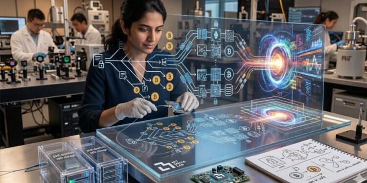 Una investigadora de sistemas, con rasgos similares a Neha Narula, trabaja en un laboratorio tecnológico avanzado del MIT. Está concentrada frente a una mesa de trabajo metálica, manipulando circuitos electrónicos y componentes de red. Sobre la mesa se proyecta un diagrama holográfico complejo que muestra el flujo de transacciones de Bitcoin (representado por su símbolo icónico) transformándose a través de una red de seguridad hacia un núcleo de energía cuántica vibrante y multicolor. A un costado, se observan racks de servidores compactos y esquemas técnicos en papel. La escena transmite una atmósfera de innovación, urgencia técnica y transición hacia la criptografía post-cuántica, sin utilizar palabras ni texto legible.